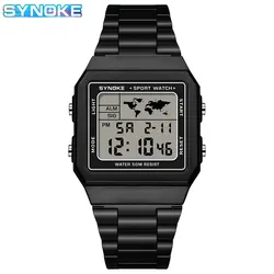 SYNOKE Stainless Steel Chrono Sport Men's Waterproof Digital Wristwatch with Backlight (Black)