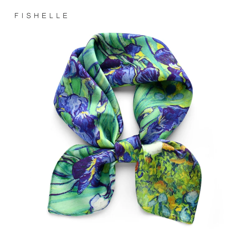 Oil Painting Iris printed natural silk scarf for women 100% real silk scarves small 50cm square soft handkerchief gift for lady 2