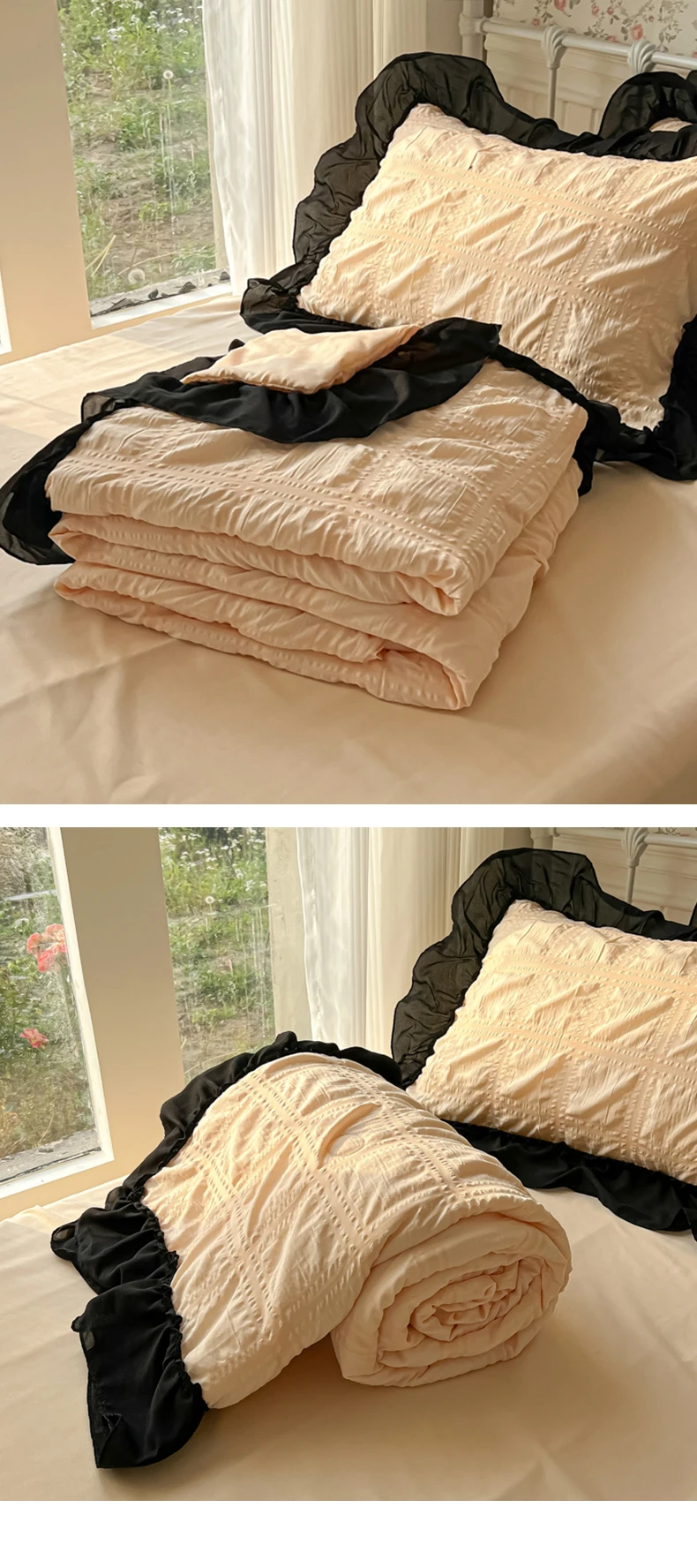 91 Home Textiles Network, the first-hand source of home textiles, looking for Home Textiles (Total) Ziqin 2025 new seersucker Korean version chiffon lace single summer quilt four-piece set