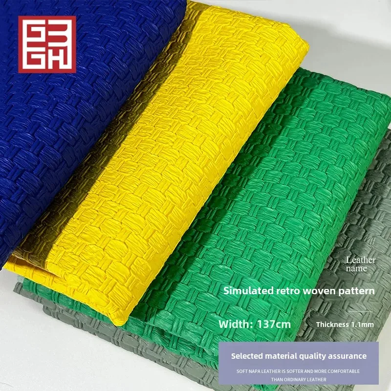 GuoTrendy Faux Leather Vintage Large Weave Flat Pattern Embossed Plaid Fabric For Women's Handbags Artificial Leather