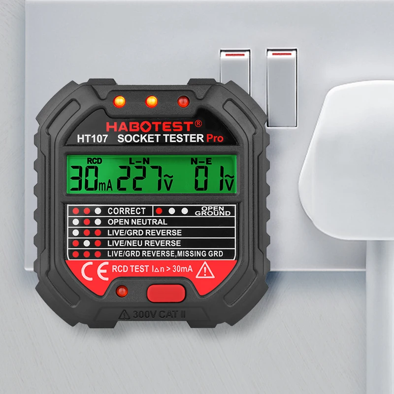 Ht107 Digital Socket Tester Pro Voltage 30Ma & 5Ma Rcd Test Smart Detector Eu Us Uk Plug Ground Zero Line Controllo Di Fase Di Polarità