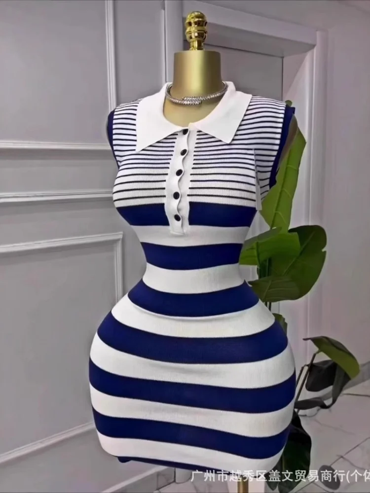 Wmstar Dress Women Wholesale Striped Mid Length Skirt Lapel Sleeveless Slim Fit Knitted Button New in Summer Dress Drop Shopping