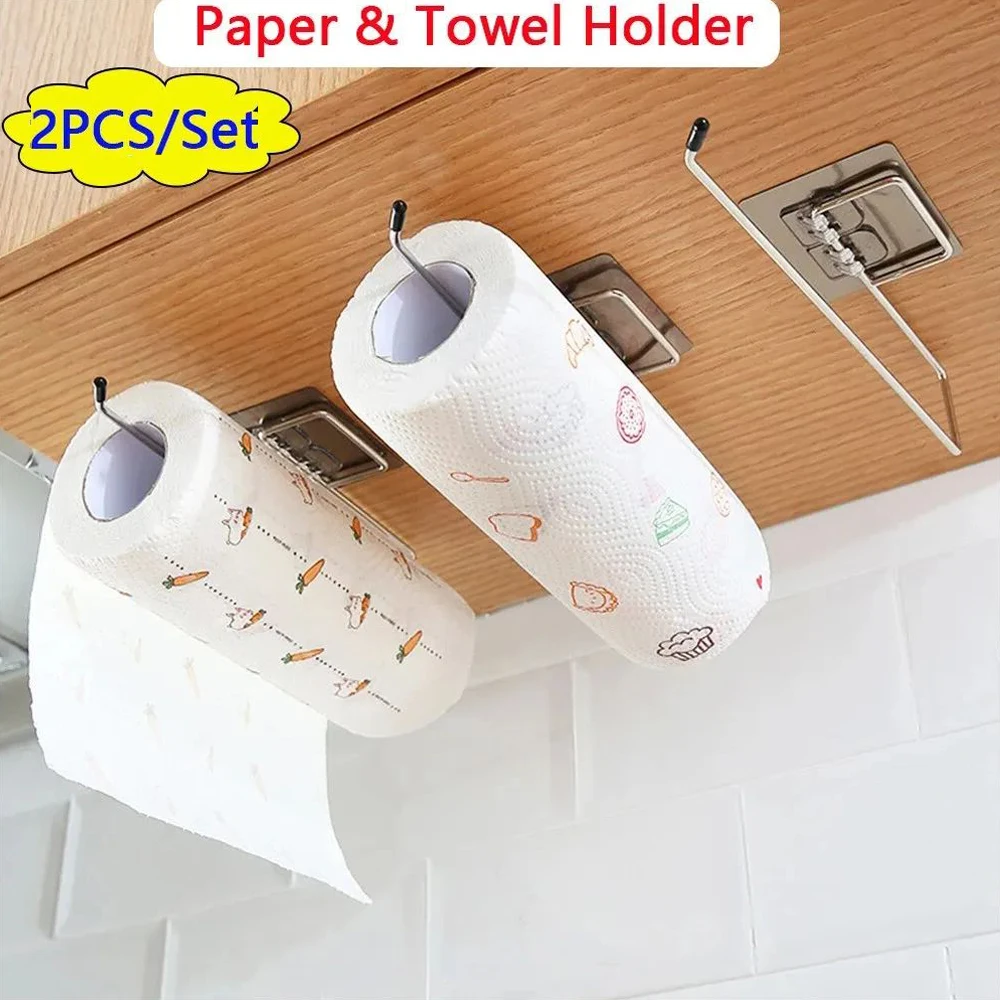 2pcs Toilet Paper Holder Kitchen Tissue Holder Non Perforated Stainless Steel Tissue Dispenser