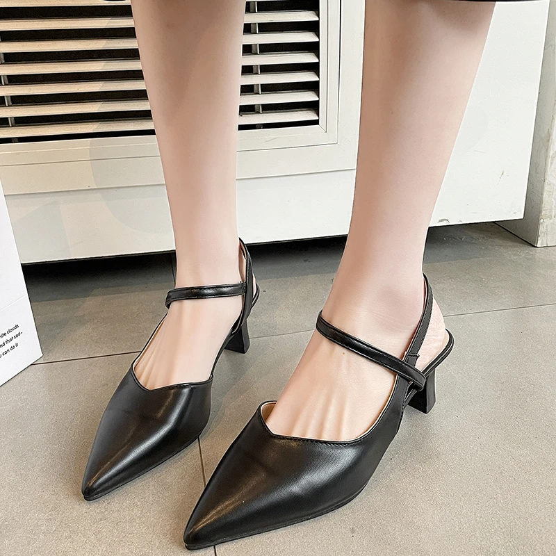 Sandals Women's High Heels Summer Wild Chunky Heels Ankle-Strap Pumps Ladies Sexy Leather Closed Toe Back Empty Fashion Shoes