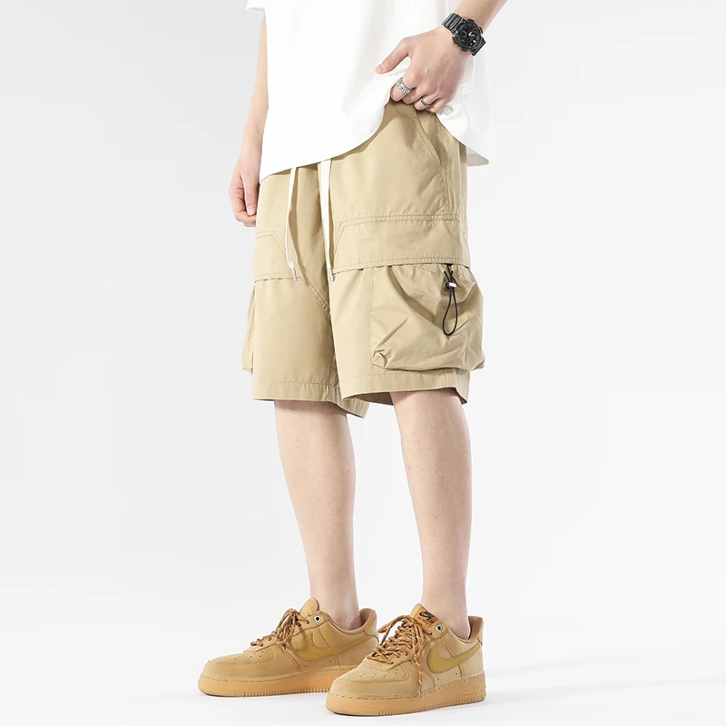 Summer Men's Solid Pockets with Elastic High Waist Casual Drawstring Loose Work Clothes Sports Trousers Fashion Vintage Shorts