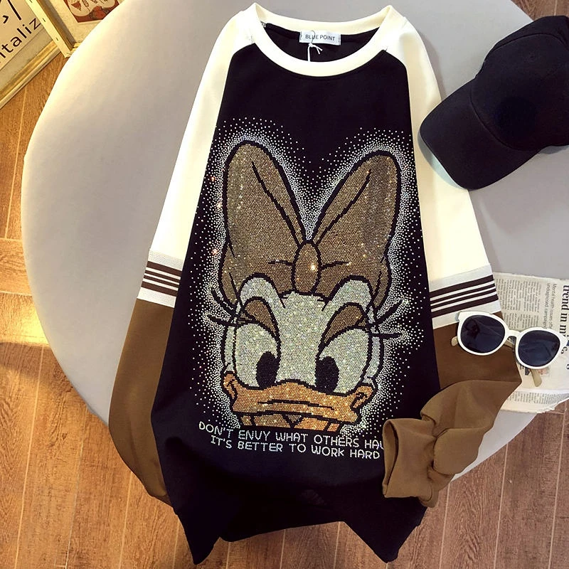 

L-4XL Large Size Rhinestone Daisy Luxury Sweatshirts Women Cotton Autumn Long Raglan Sleeve Sequin Women Disney Clothing
