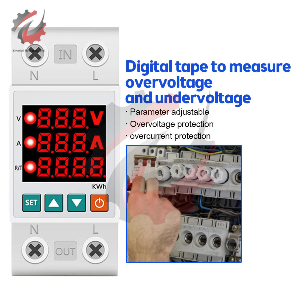 63A 220V Digital Display Din Rail Regolabile Sopra Sotto Tensione Surge Protector Relay Sopra Corrente Protegge Kwh Power Watt Meter