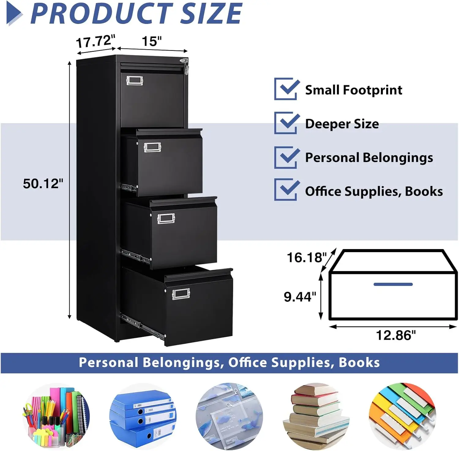 4 Drawer File Cabinet, Filing Cabinets for Home Office, Metal Vertical File Storage Cabinet with Lock, 15" W x 17.7" D x 50.1" H