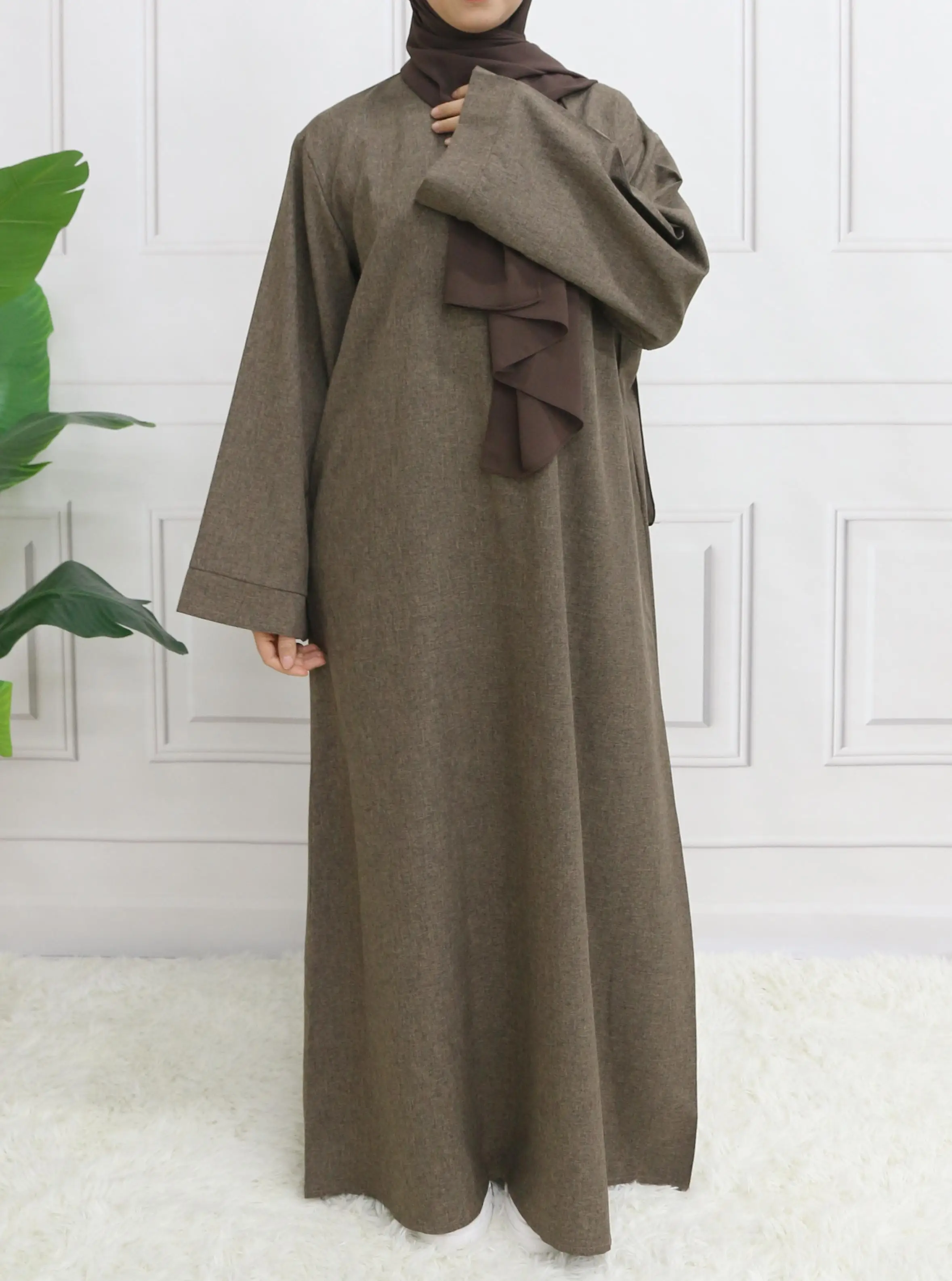 Modest Closed Plain Long Sleeve Abaya Without Hijab With Belt Basic Islamic Eid Clothes Dress