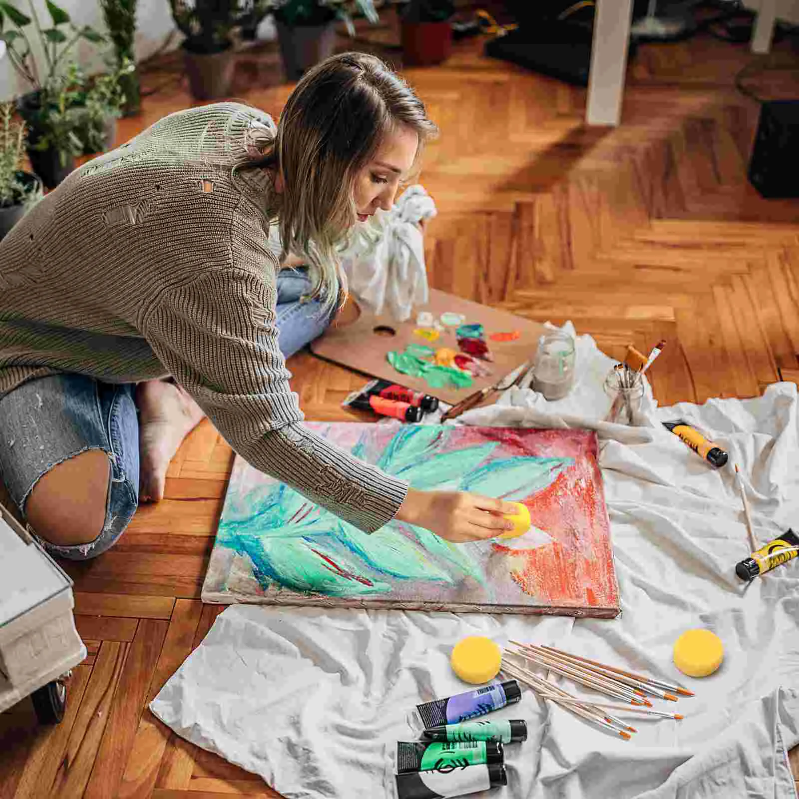 작은 원형 스폰지 페인팅, 원형 청소 스폰지, 노란색 브러시 용품, 12 개