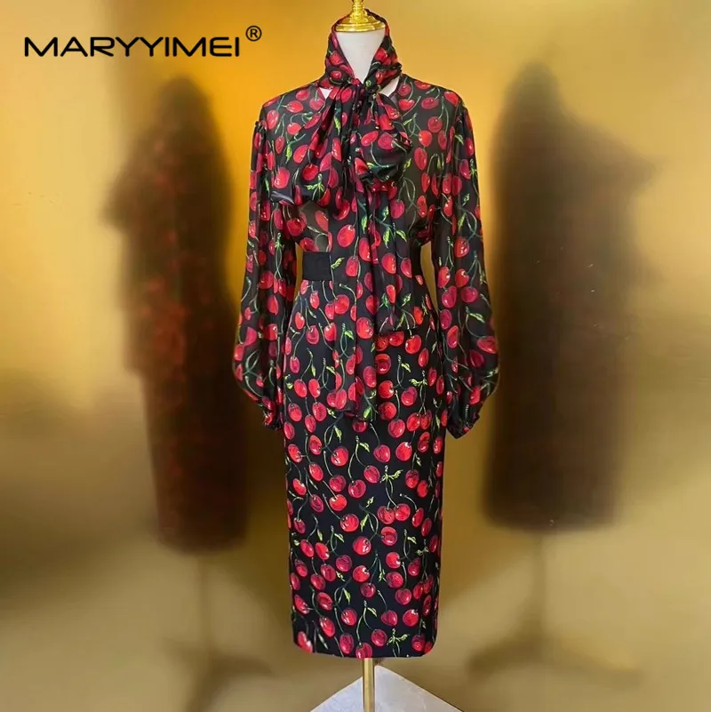 

MARYYIMEI Spring Fashion Suit Women's Scarf Collar Long sleeved Shirts＋Package hip skirt silk Cherry print Two Pieces Set