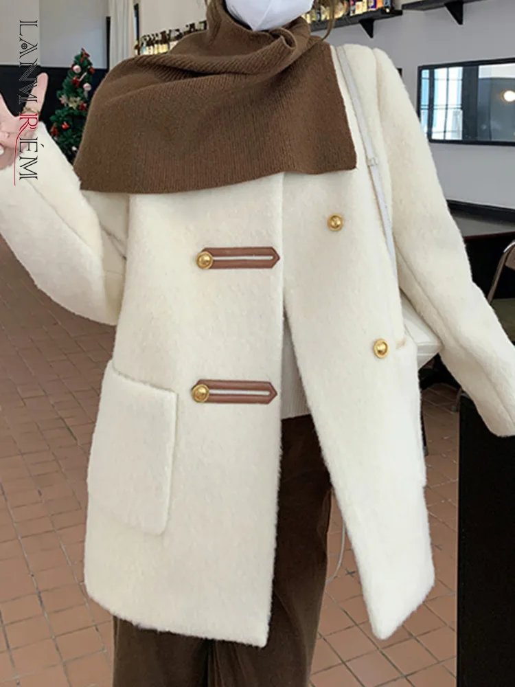 

LANMREM 2023 Winter Woolen Coats For Women Long Sleeves Vintage Buttons Warm Coat With Scarf Female Streetwear Clothes 2DA2421