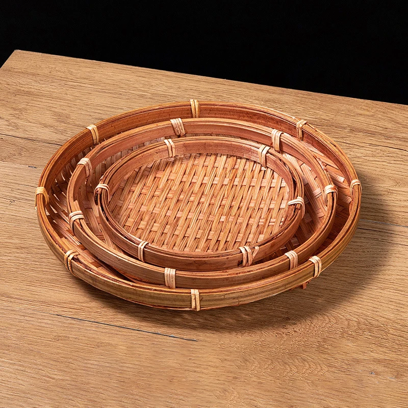 Handwoven Bamboo Storage Tray Fruit Vegetable Bread Food Basket Container Kitchen Storage Baskets Round Food Cake Plate 4