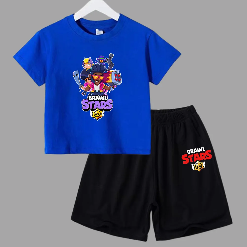 thumbnail image 1 of Conjunto de 2 piezas de camiseta de manga corta y pantalones cortos con estampado de anime de verano para niños y niñas, ropa informal de cuello redondo, 1 of 5