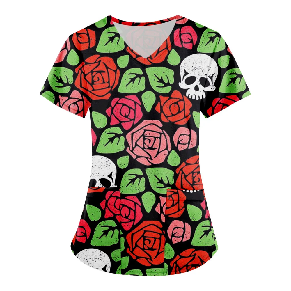 

Women's Halloween Print Nurse Uniform, Short Sleeve V-neck Tops, Healthcare Tunic Pocket Blouse, Female Overalls, Working Unifor
