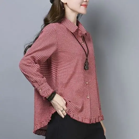 여성용 빈티지 격자 무늬 프린트 싱글 브레스트 캐주얼 셔츠, 긴 소매 프릴, 스위트 가디건 블라우스, 여성 의류, 봄 가을
