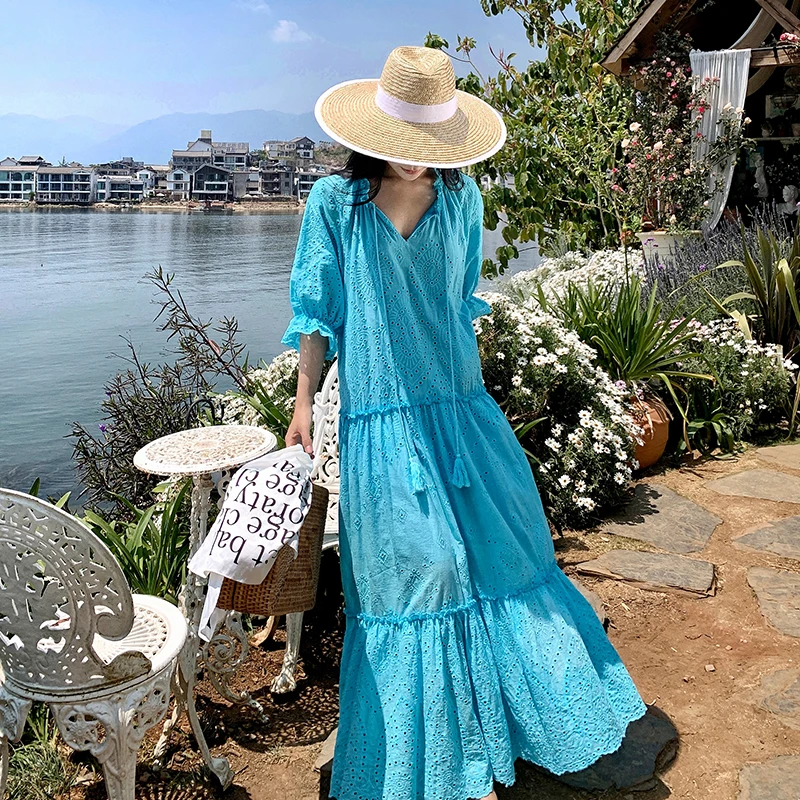 

Summer New High End Temperament For Women's Long Dress Drawstring Tassel Hollow Lace Blue Bohemian Fairy Dress