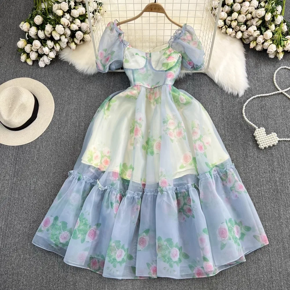 

French Vintage Floral Midi Dress Women Organza Elegant Casual Party Fairy Dress Casual Holiday Princess Dress Women Summer T8139