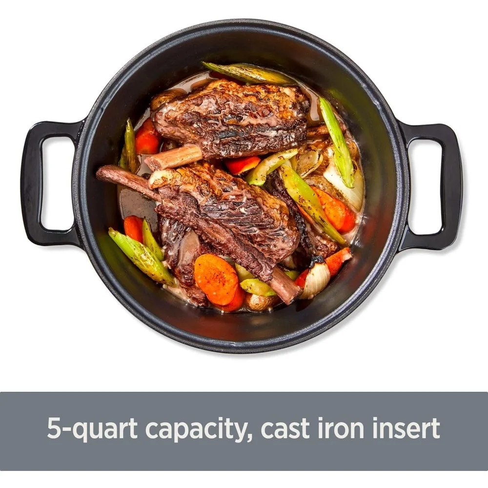 7-in-1 Electric Slow Cooker with Stainless Steel and Cast Iron, 1200W-Black Enamel Crock