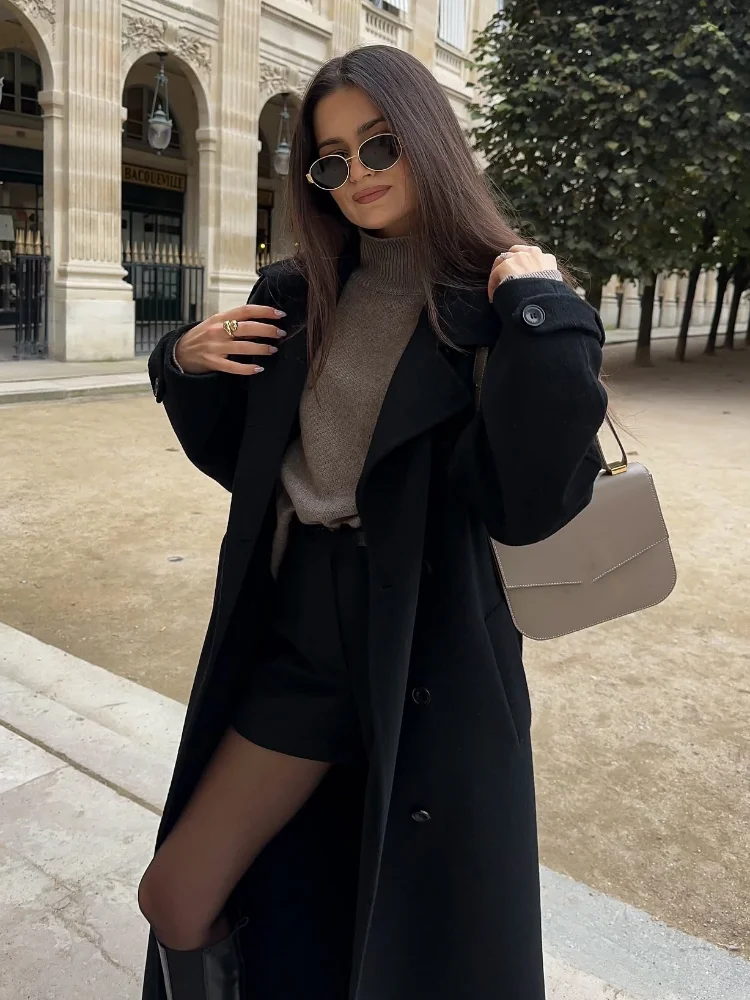 New Classic Black Belted Wool Blends Overcoat For Women Chic Full Sleeve Double Breasted Lapel Long Coat Ladies Loose Streetwear 4