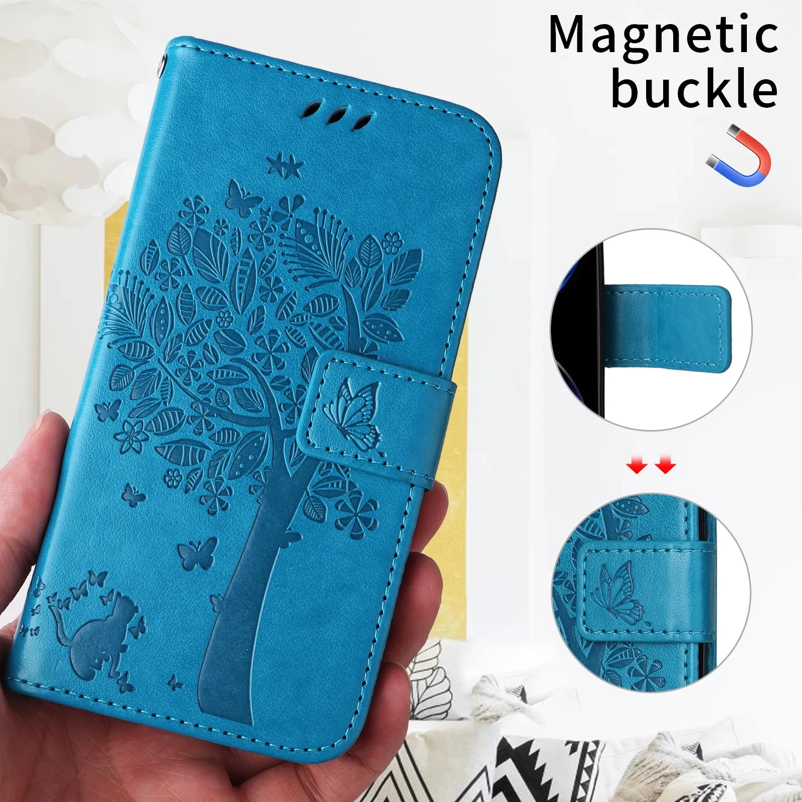 Cat Tree Embossed Design Leather Wallet Flip Case