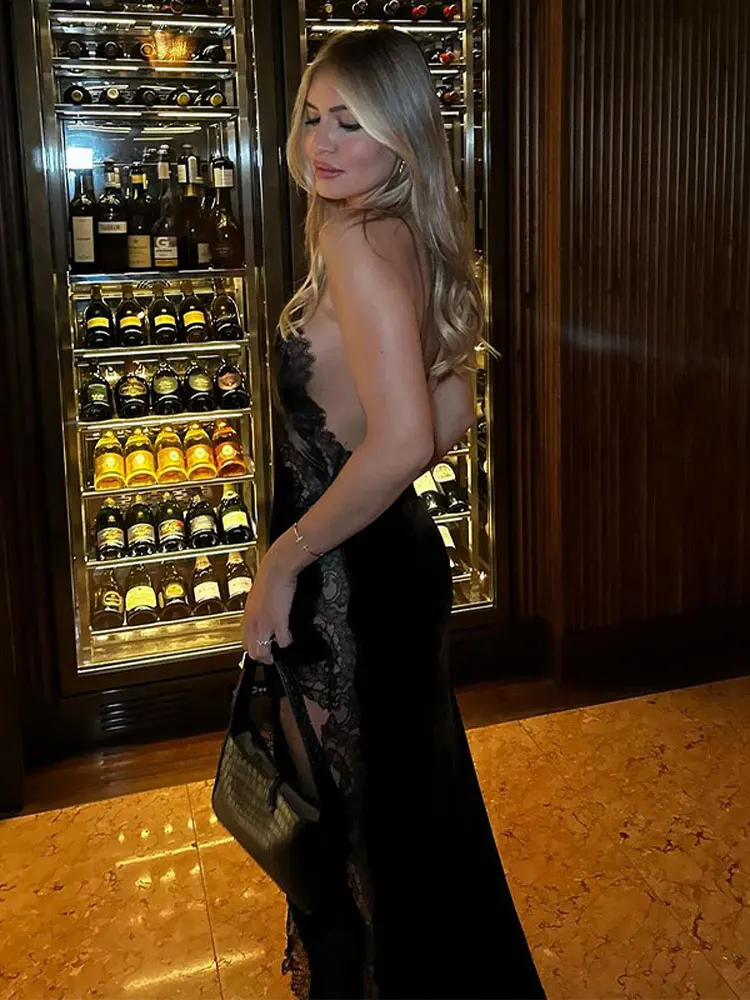 Vestido largo con tirantes finos para mujer, traje negro Vintage sin mangas, Espalda descubierta, terciopelo, encaje, retazos, 2024
