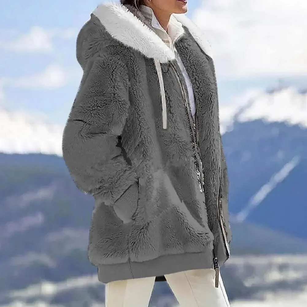 Women Winter Coat Solid Color Long Sleeves Zipper Cardigan Loose Warm Furry Plush Plus Size Lady Coat Winter Clothes