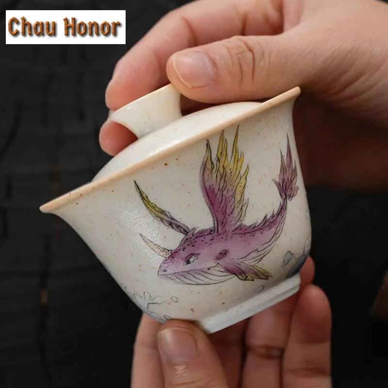 150ml Japanese Wood-fired Porcelain Gaiwan Soda Glazed Hand-painted Tea Tureen Household Handmade Tea Making Cover Bowl Cha Gift