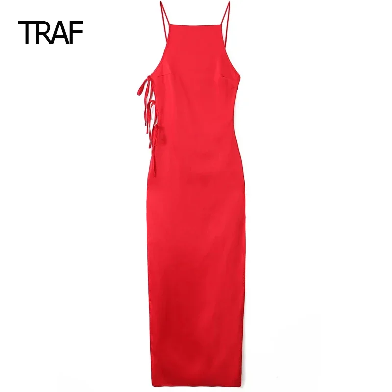 

TRAF Red O-Neck Sleeveless Side Bandage Slip Dress Womens Dresses Spring Summer 2024 Midi Bow Dress Elegant Dresses For Wedding