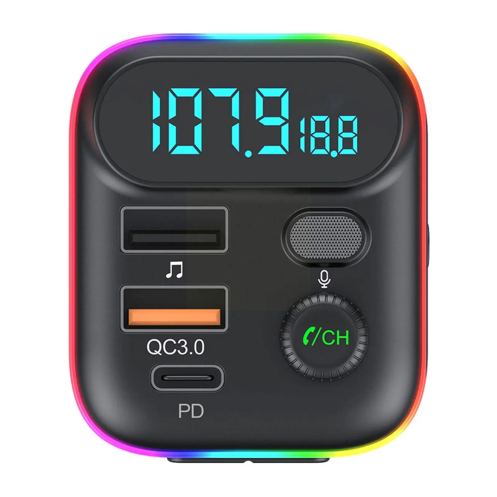 Car Bluetooth 5.0 FM Transmitter PD Dual Player Music Type-C Colorful Ambient MP3 Light Cigarette Lighter USB