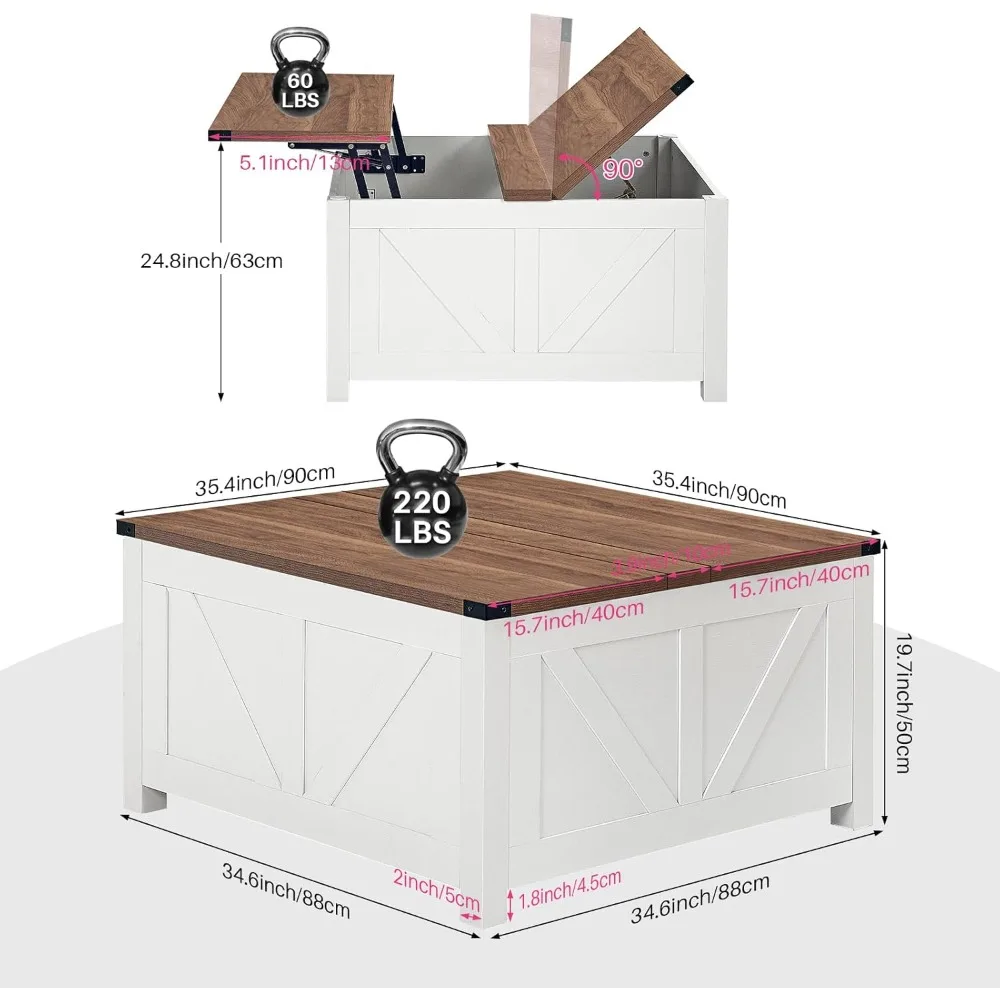 Farmhouse 35" Lift Top Coffee Table with Storage, Square Coffee Table with Charging Station, Hidden Storage Space 2