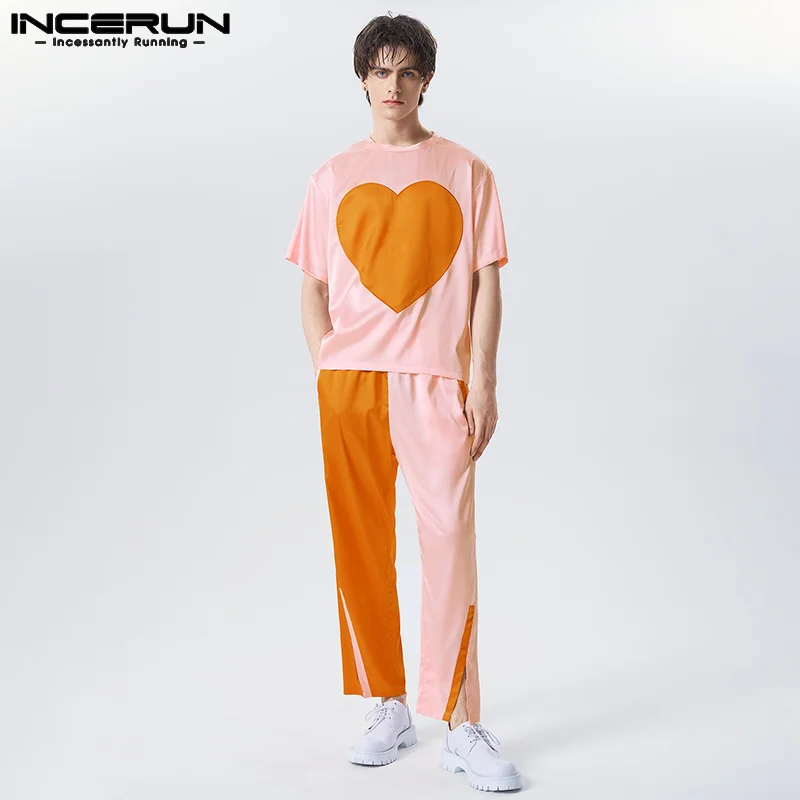 

Casual Well Fitting New Men Sets INCERUN Love Collage Contrast Color Short Sleeve Tops Straight Split Pants Two Piece Sets S-5XL