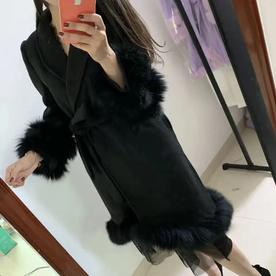 

2023 winter autumn Women's new elegant black wool stitching fox fur long coat jacket with belt