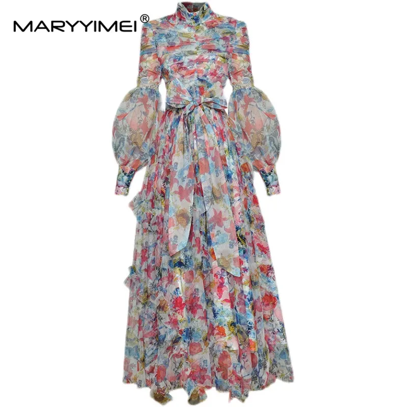 

MARYYIMEI Autumn Women's Fashion dress Standing collar Lantern Sleeve Ruched Lace up Mesh Print Elegant Party Ball Gown Dresses