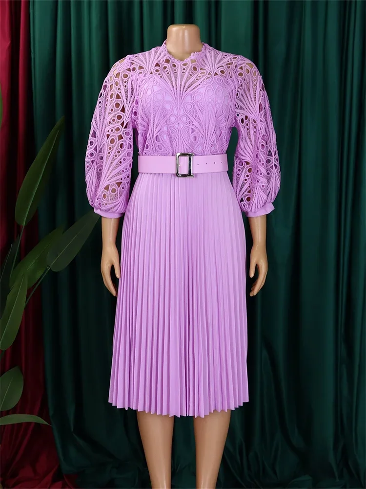 Wmstar Women Dress 2024 New Elegant Temperament Solid Color Lace Hook Flower Hollow Pleated Dresses Wholesale Dropshipping