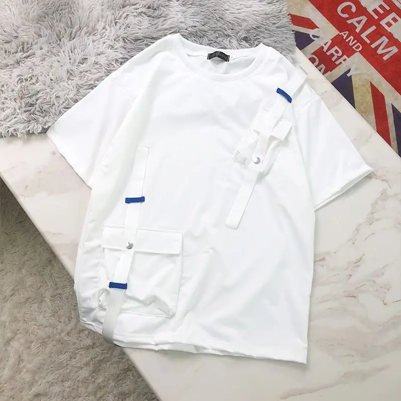 

Japanese Function Summer Short-sleeved T-shirt Workwear Men Loose Casual Trend Fashion Drop Shoulder Personality Pockets Tops