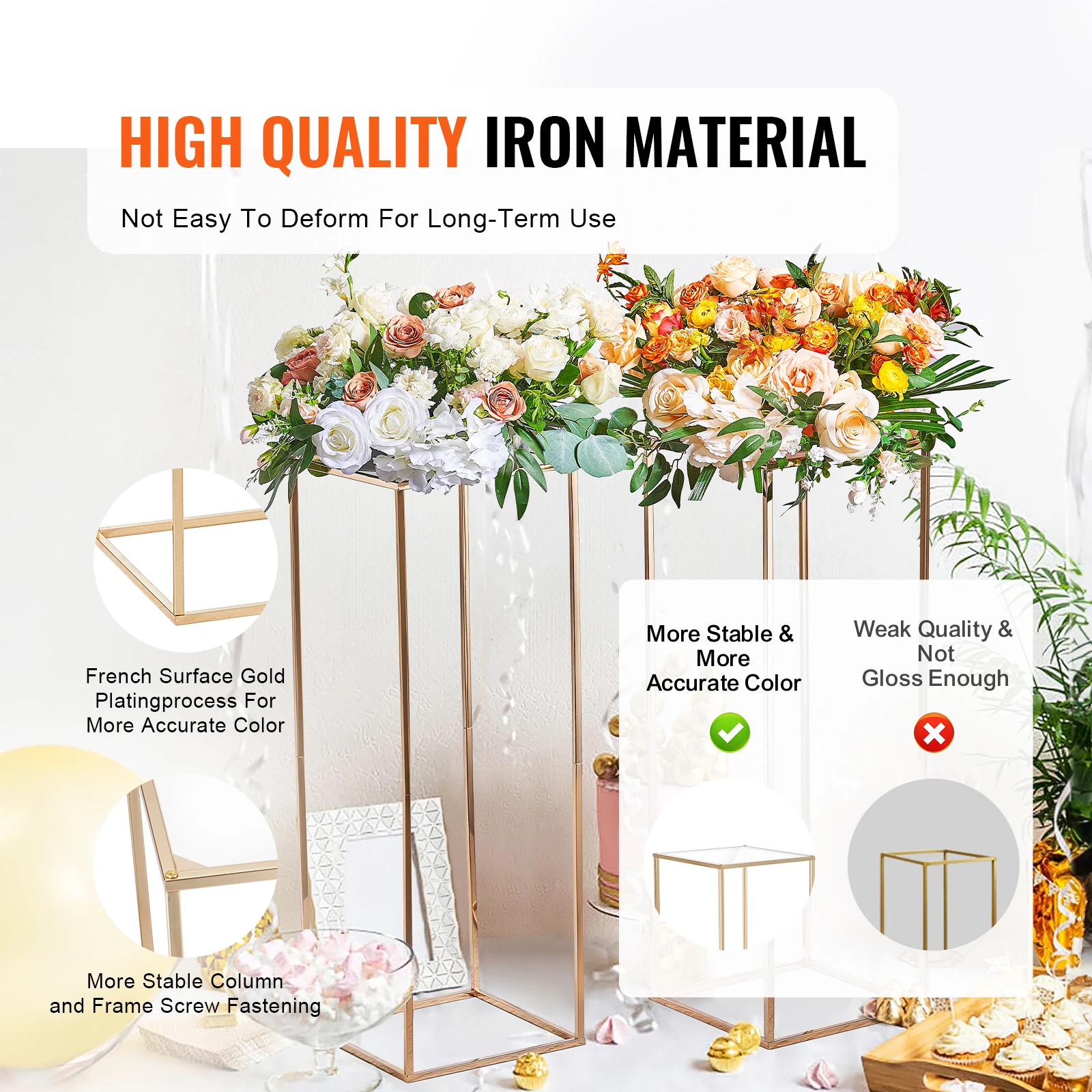 2PCS 31.5inch High Wedding Flower Stand with Acrylic Laminate Metal Vase Column Geometric Centerpiece Stands Rectangular wedding flower stand