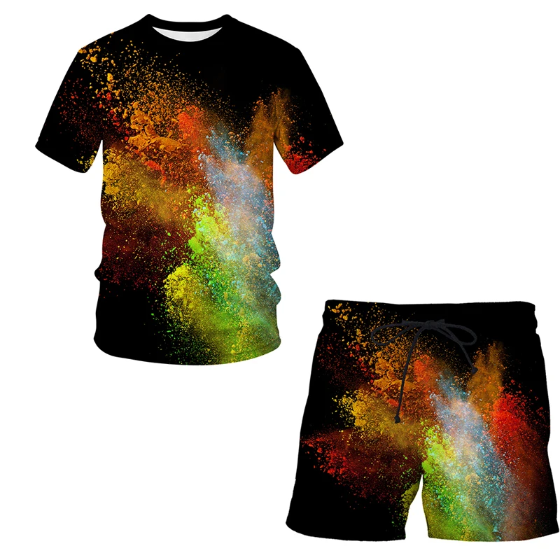 

Men's sports suit T-shirt + shorts workout clothes 2-piece set Splash tie dyeing 3D creative printing short-sleeved sportswear