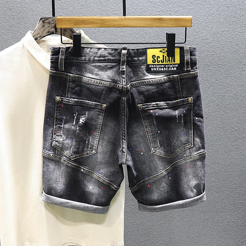 Tie-dye Fashion Paint Spots Denim Shorts Men's Summer New Ripped Retro Dilapidated Male Streetwear Short Jeans