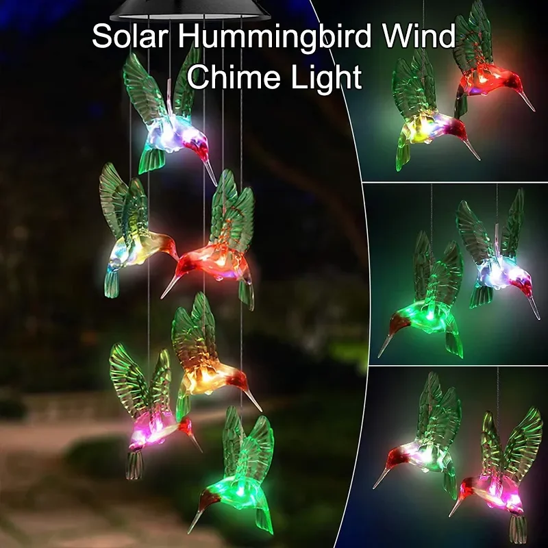 Solar Garden Lights 1PC Colorful Gradient Garden LED Wind Chimes Decorated Hummingbird Landscape Atmosphere