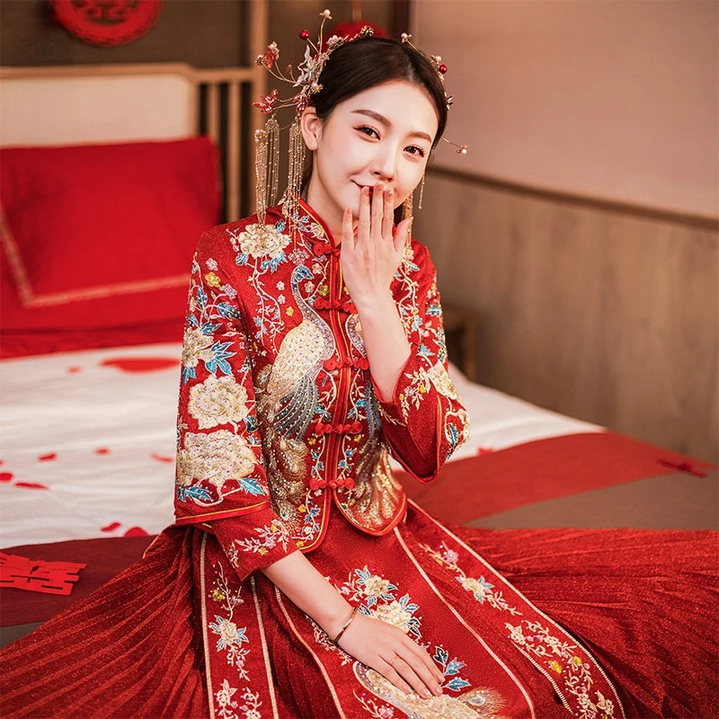 

Chinese Bridal Wedding Dress Peacock Plus Diamond 3/4 Sleeve Cheongsam Plus Size Dresses for Women 4xl 5xl 6xl Qipao Dress