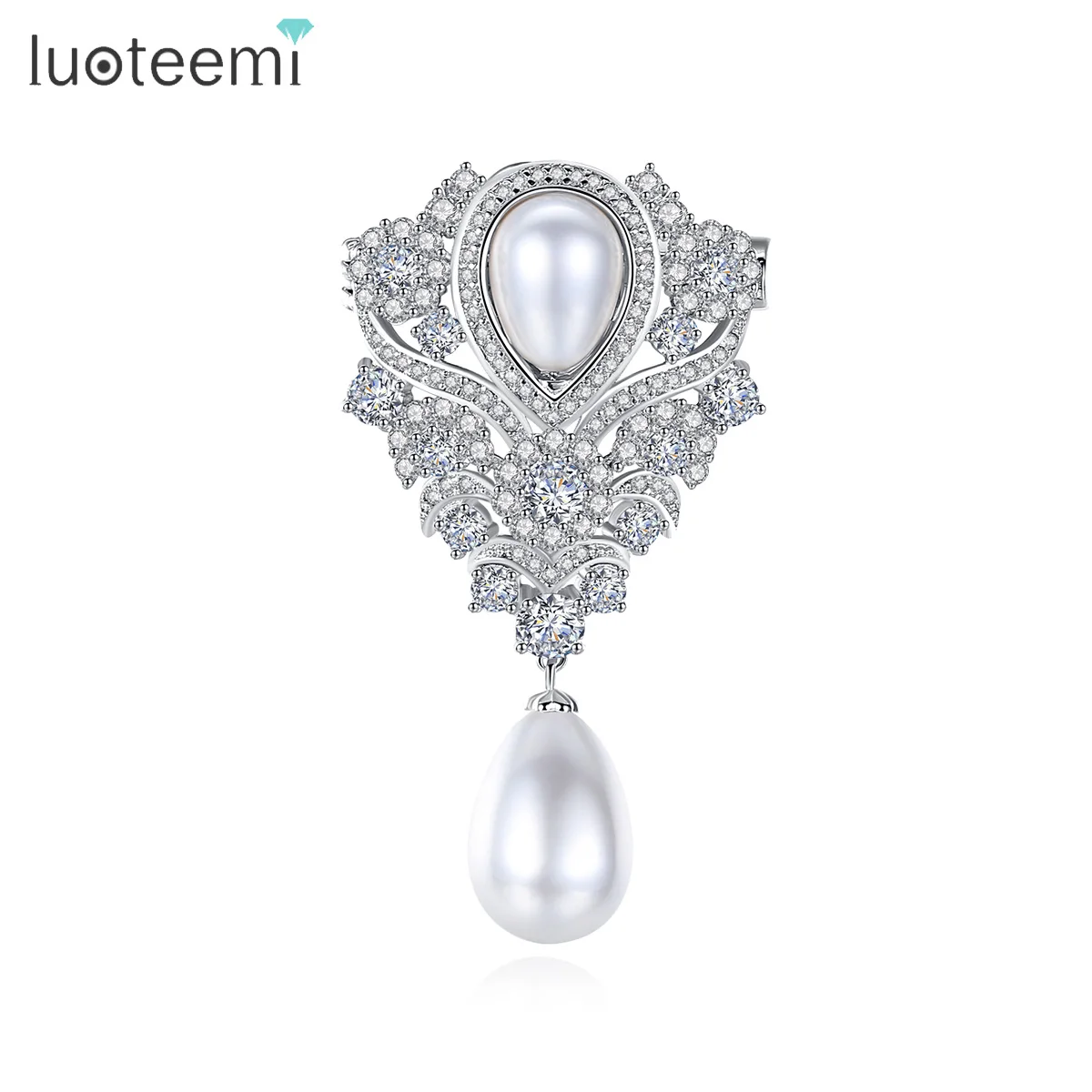 

LUOTEEMI Vintage Imitation Pearl Brooch Pin For Women Luxury Designer Zircon CZ pins Bridal Wedding Party Anniversary Girl Gift