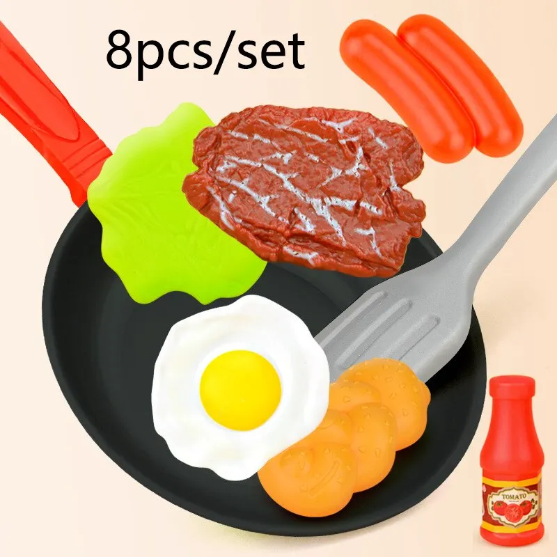 Kitchen Food Toys 8pcs/set Simulation Kitchenware Play Set Pot Steak Vegetable Bread Hot Dog Omelette Children Toy