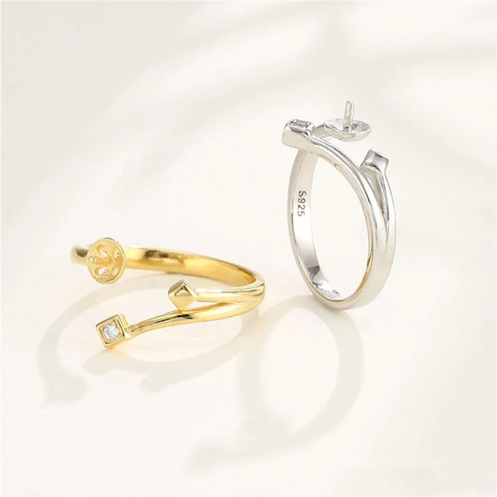 Ring Blank for 6mm-8mm Round Beads or Pearls Gold Plated 925 Silver Zircon Ring Setting Adjustable Ring Base RB106S