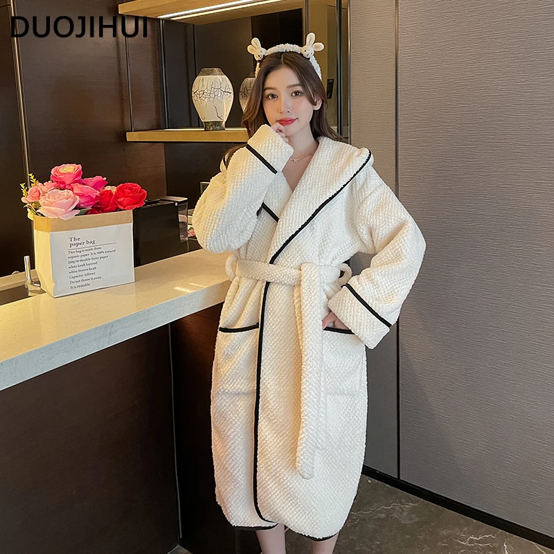 DUOJIHUI Winter Thick Warm Hooded Solid Color Robes for Women Fashion Pace-up Slim Waist Chicly Pocket Loose Simple Female Robes