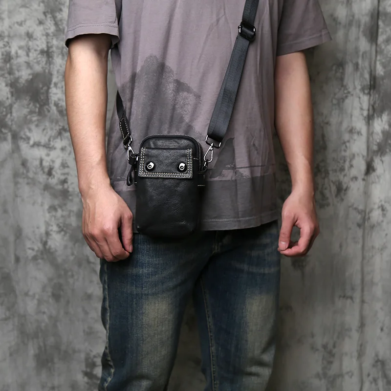 NZPJ Genuine Leather Men's Waist Bag Top Layer Cowhide Casual Crossbody Phone Bag Single Shoulder Bag Messenger Bag