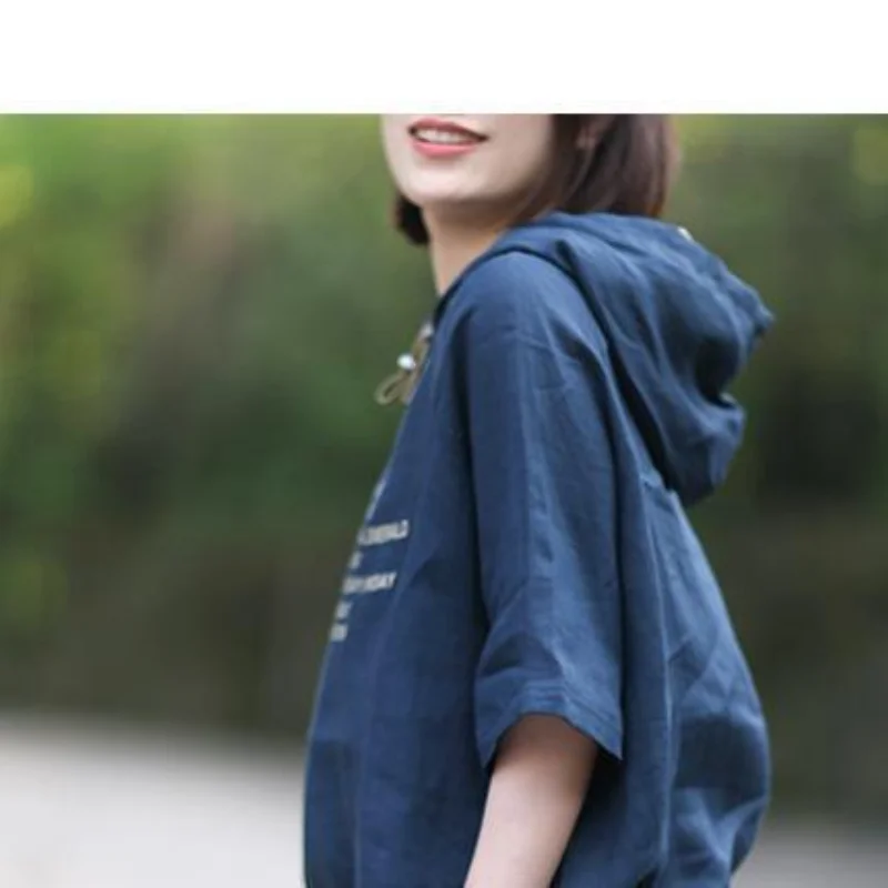 Women Summer New Hooded Collar Pullover Fashion Artistic Style Drawstring Printed T-shirt Loose and Versatile Short Sleeved Tops