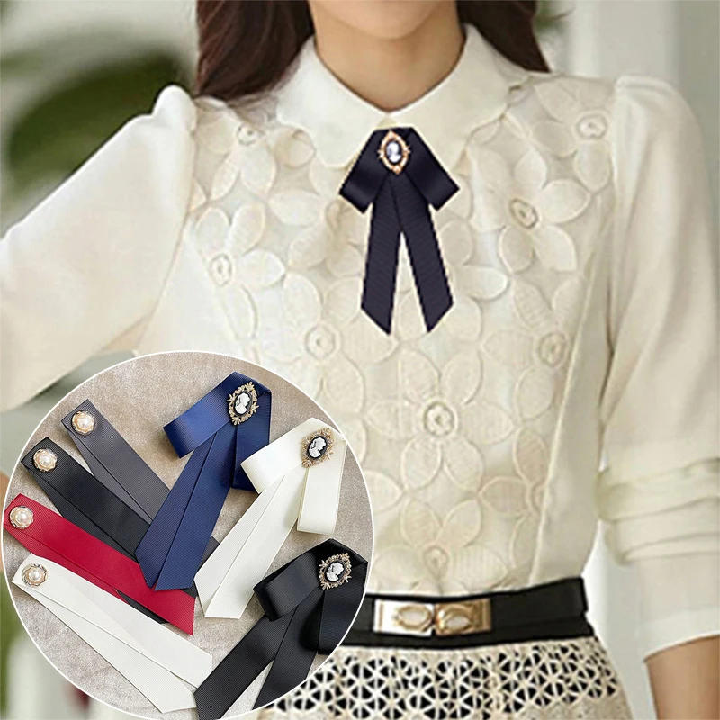 Women New Ribbon Bow Tie Beauty Head Bow Brooch Blouse Collar Pin Brooch Bowknot Shirt Bow Tie Corsage Pin Accessories