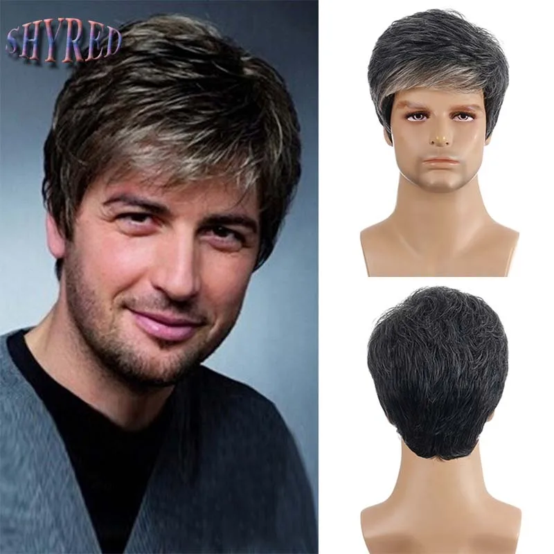 Synthetic Men Short Straight Wig Black Brown Mixed Light Gold for Male Hair Fleeciness Realistic Hair Heat Resistant for Daily P