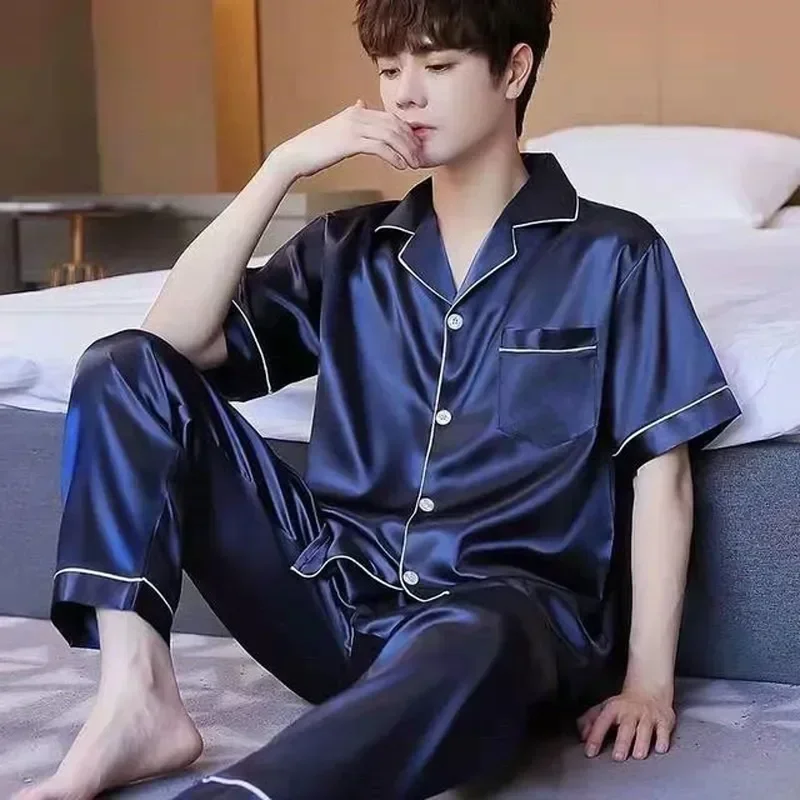Short Men Silk Summer Satin Pyjama Wear For Pajamas Lounge Pijama Color Home Night Pants Pajama Set Sleeve Male Suit Men's Solid
